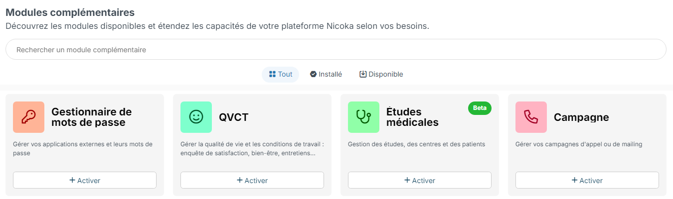 Écran Modules complémentaires avec la recherche, les filtres Tout, Installé et Disponible, et des cartes de modules