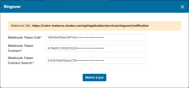 Fenêtre Paramétrer du service Ringover : adresse des webhooks et les trois clés