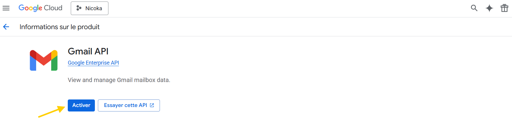 Gmail API page, Enable button
