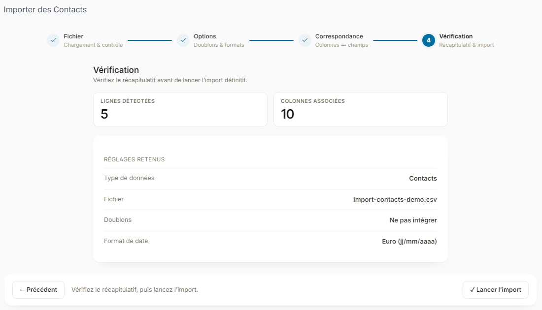 Review step: 5 rows detected, 10 mapped columns and chosen settings