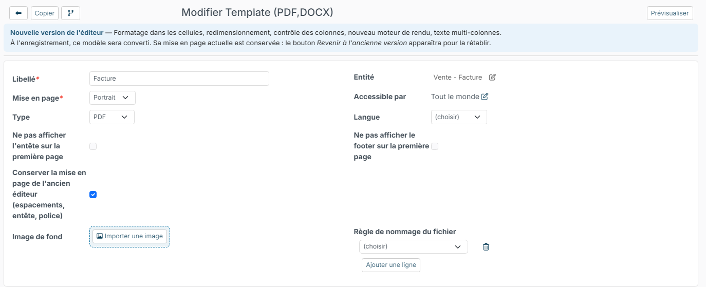 Haut de l'éditeur de modèle : boutons, bandeau Nouvelle version de l'éditeur et paramètres