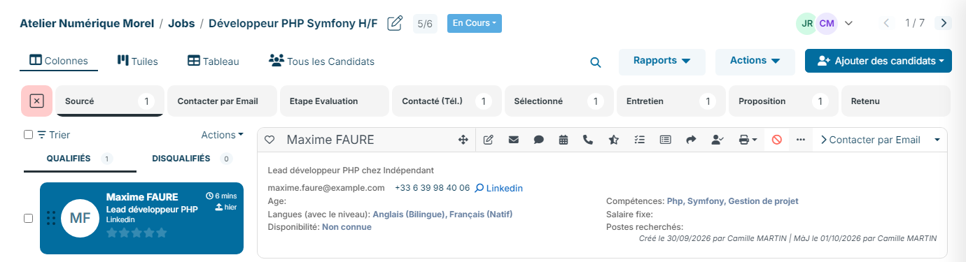 Page d'un job : une colonne par étape, onglets Qualifiés et Disqualifiés