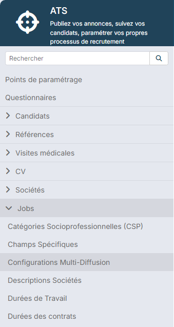 Jobs section of the ATS customizing, MultiPosting Configs entry