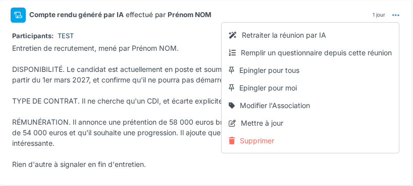 Menu d'un compte rendu IA sur la fiche d'un contact, avec l'action Remplir un questionnaire depuis cette réunion