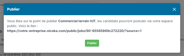 Publish window with the public link of the ad