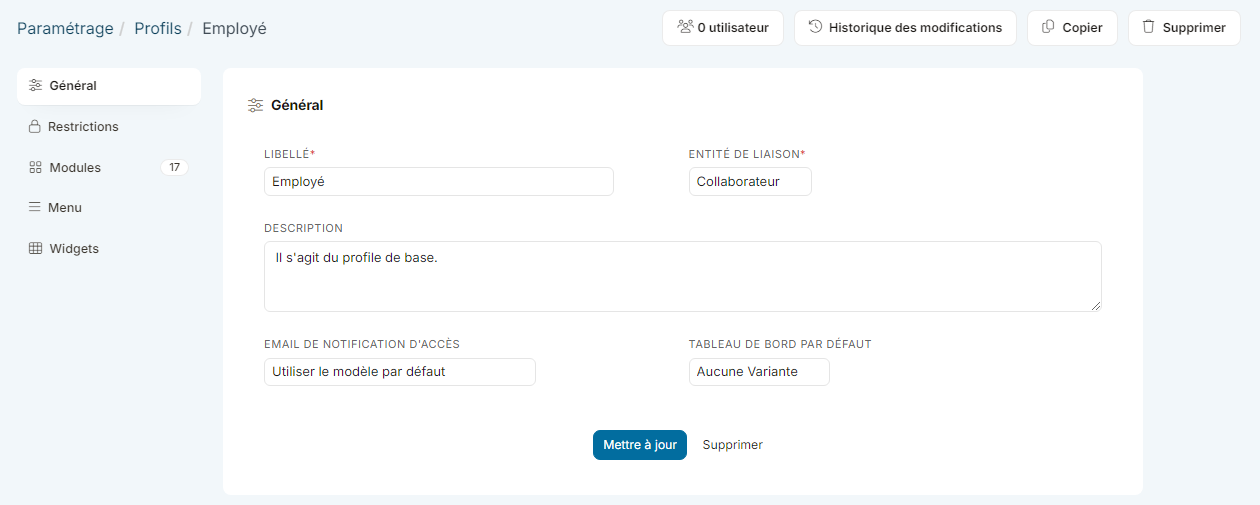 Onglet Général du profil Employé : libellé, entité de liaison, description, email de notification d'accès et tableau de bord par défaut