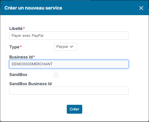 Fenêtre Créer un nouveau service de type Paypal avec le Business Id et la case SandBox décochée
