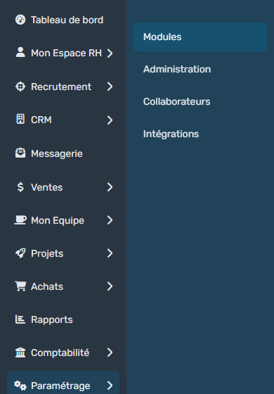 Menu latéral : rubrique Paramétrage ouverte et entrée Modules
