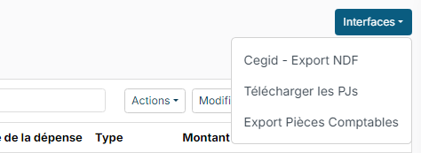 Menu Interfaces de la page Notes de frais