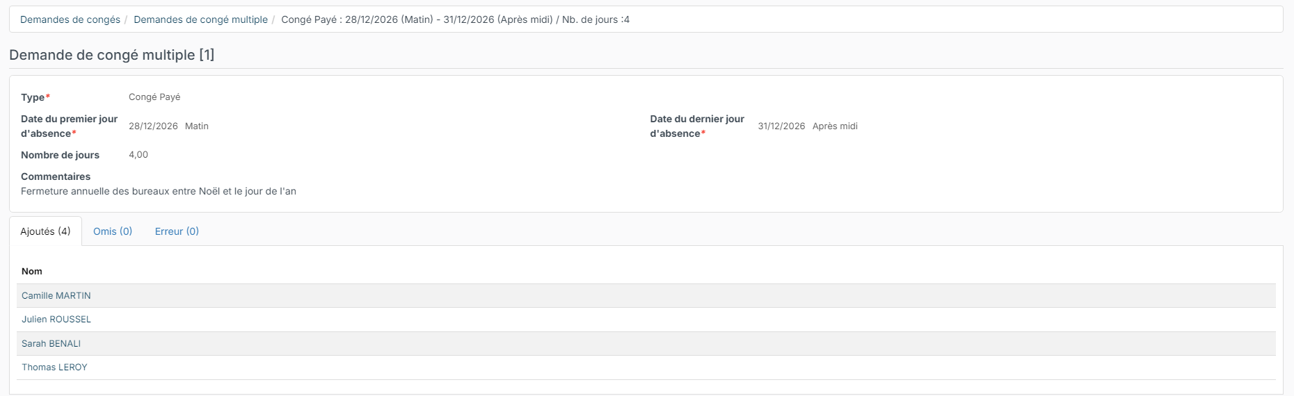 Demande de congé multiple : onglets Ajoutés, Omis et Erreur
