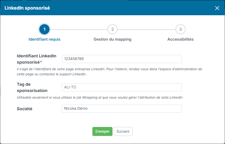 Assistant de configuration LinkedIn sponsorisé, étape Identifiant requis