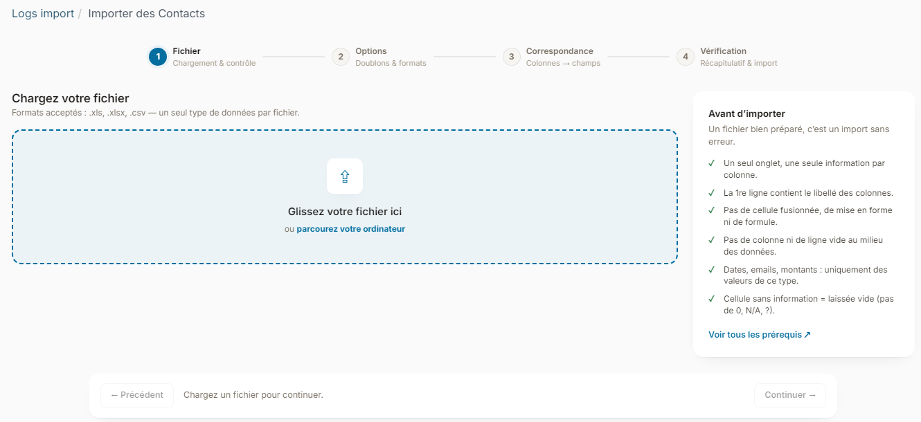 Contact import assistant, File step: file drop area and Before importing box