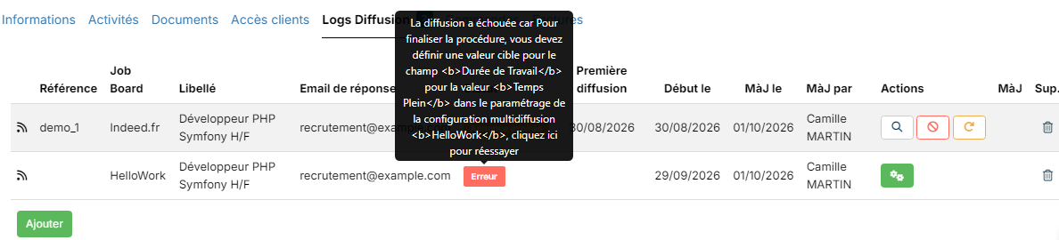 Message affiché au survol du badge Erreur