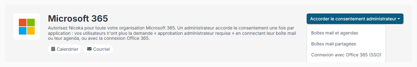 Microsoft 365 entry in Settings > Integrations: Grant admin consent button and the application choice
