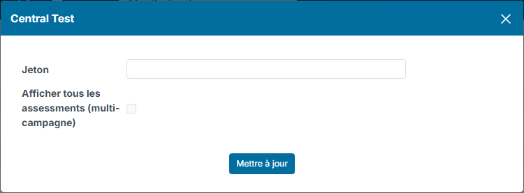 Fenêtre de paramétrage Central Test avec l'option Afficher tous les assessments (multi-campagne)
