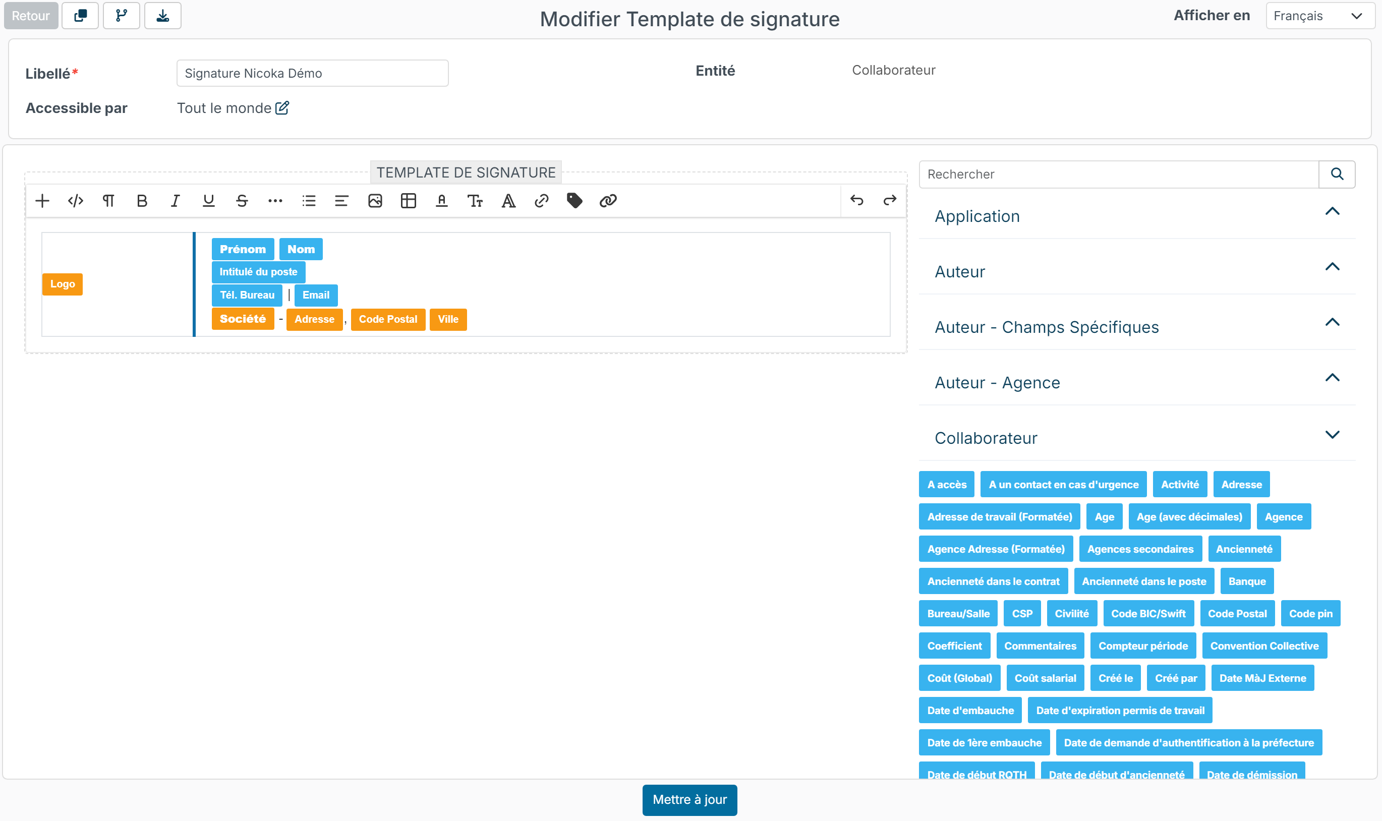 Éditeur du template de signature avec les étiquettes Prénom, Nom, Intitulé du poste, Tél. Bureau, Email, Société et Logo