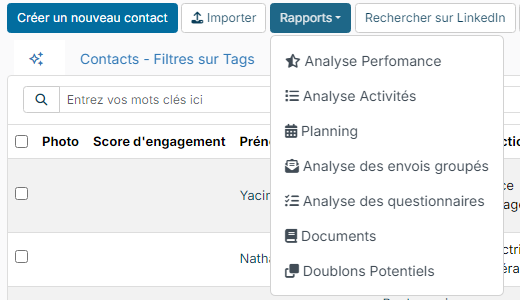 Reports menu of the contacts list with the Potential Duplicates entry