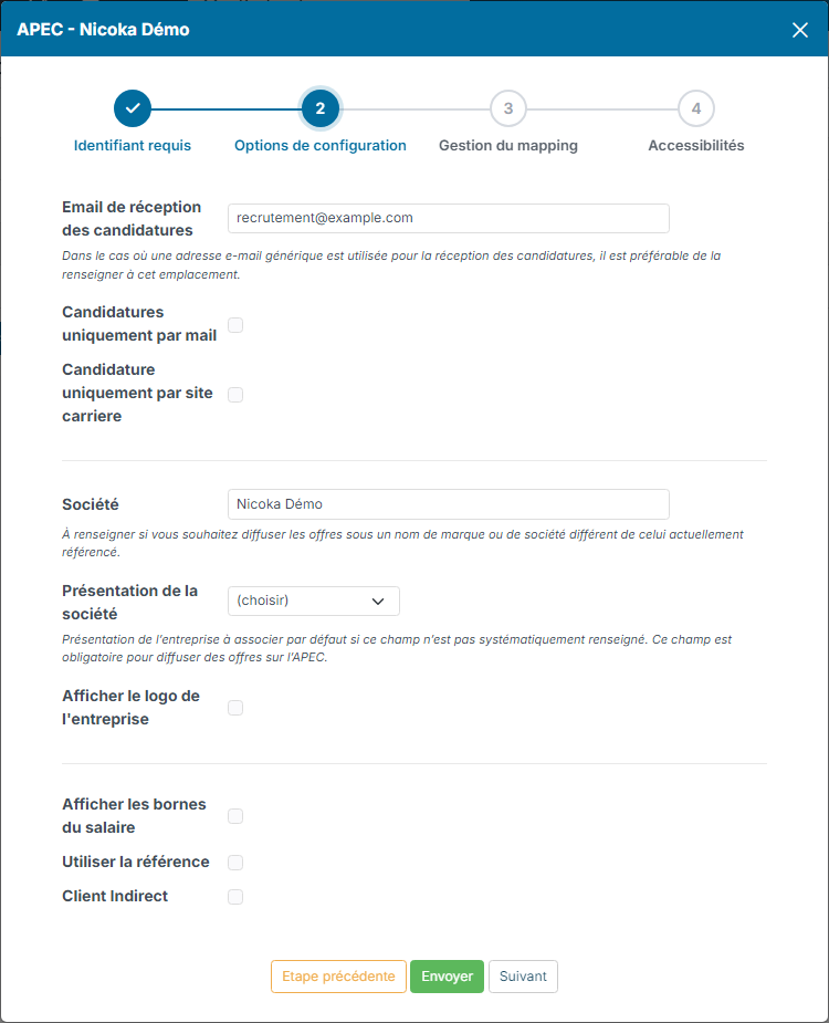 Configuration options step of the APEC configuration