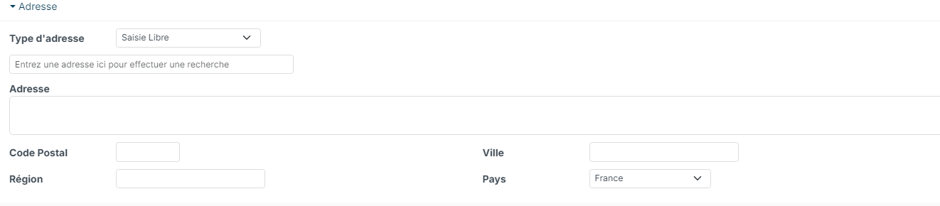 Partie Adresse avec le champ Type d'adresse