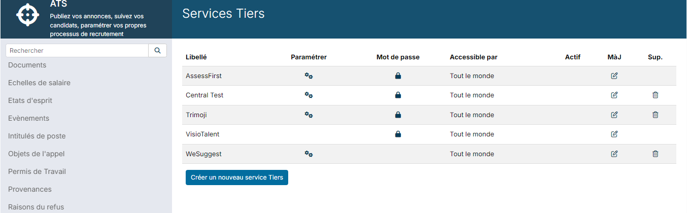 Liste des Services Tiers de l'ATS avec la ligne Trimoji