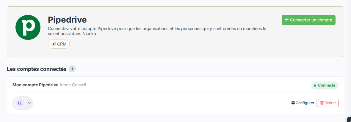 Page Pipedrive des intégrations avec le compte connecté et ses boutons Configurer et Retirer