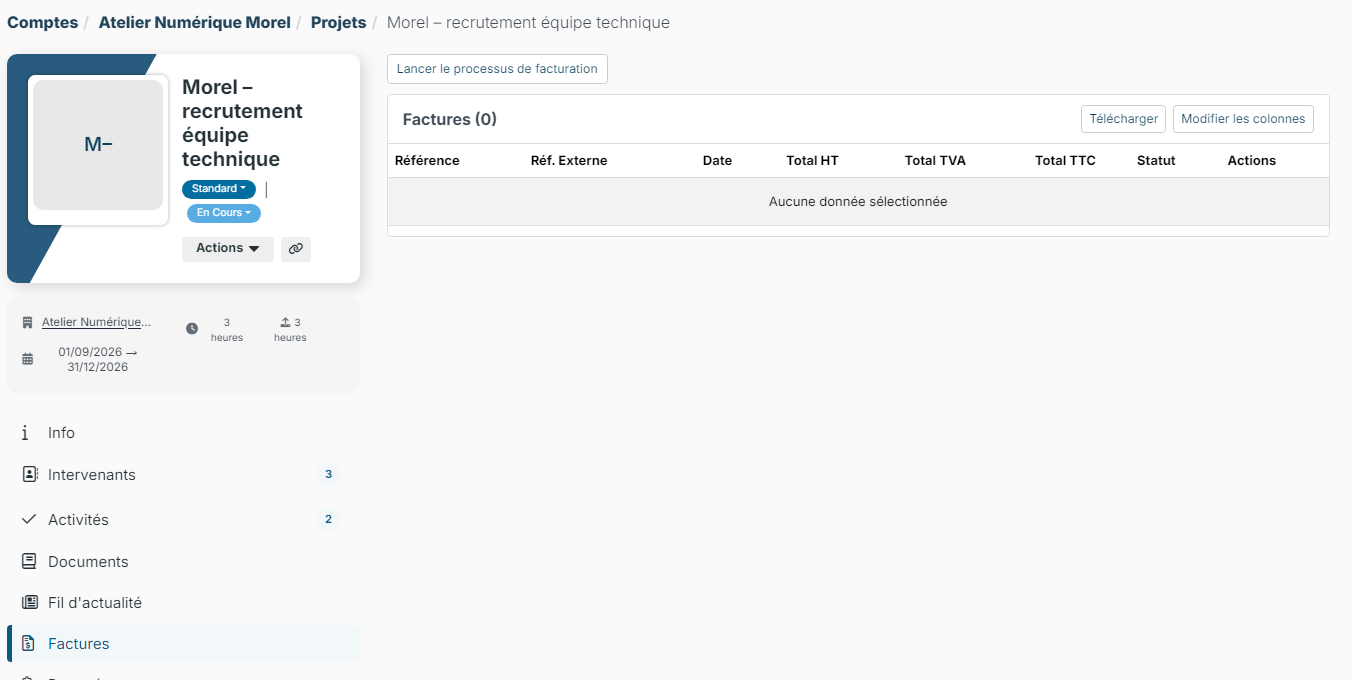 Invoices tab of a project with the Launch invoicing process button