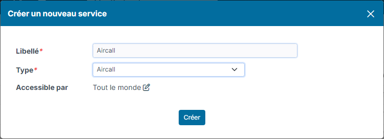 Fenêtre Créer un nouveau service avec le type Aircall