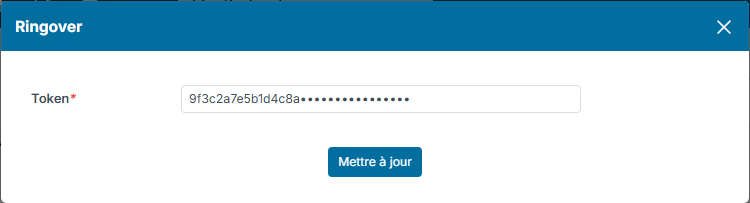 Fenêtre Mdp du service Ringover avec le champ Token