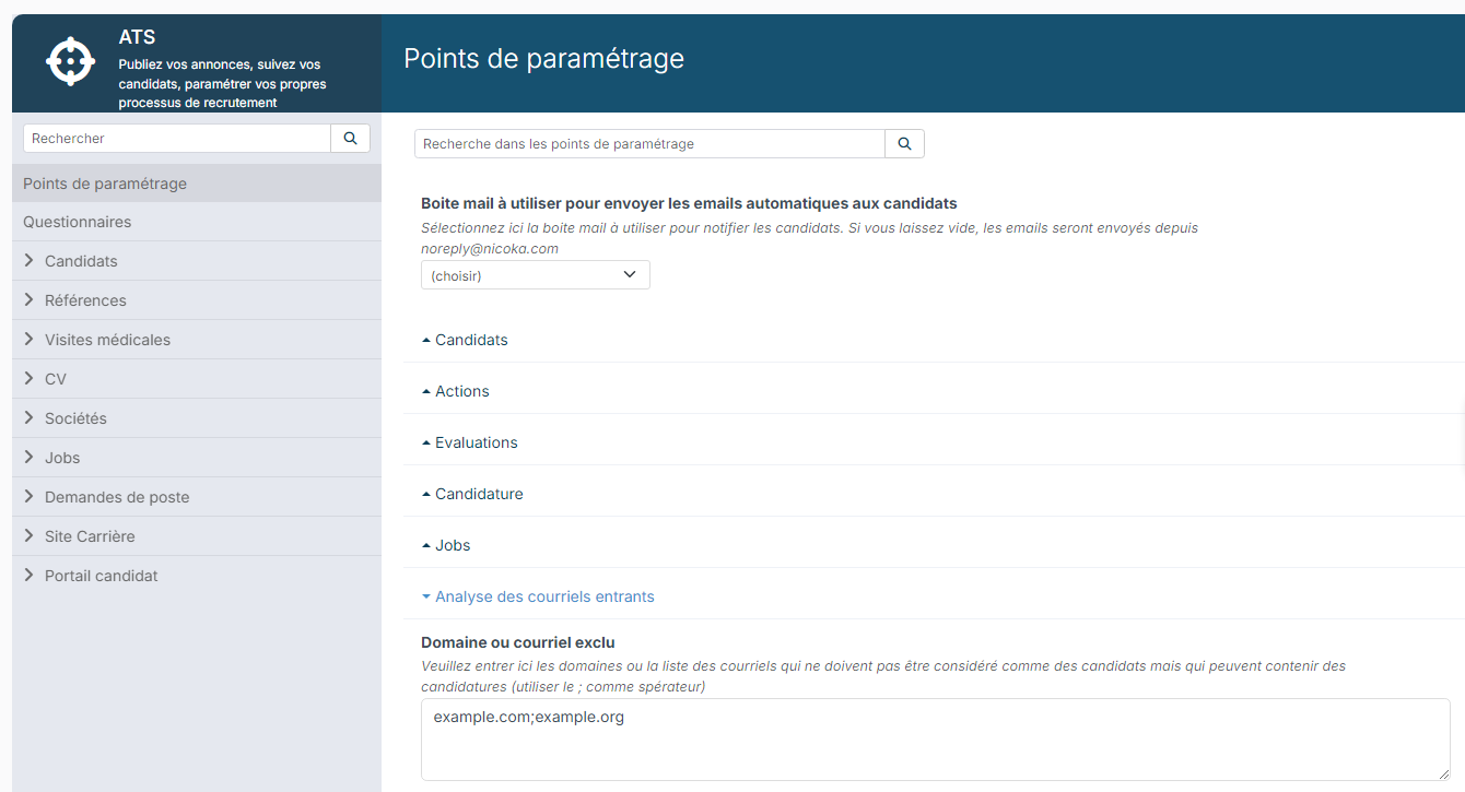 ATS customizing points, Email Parsing section, Excluded email address or domains field