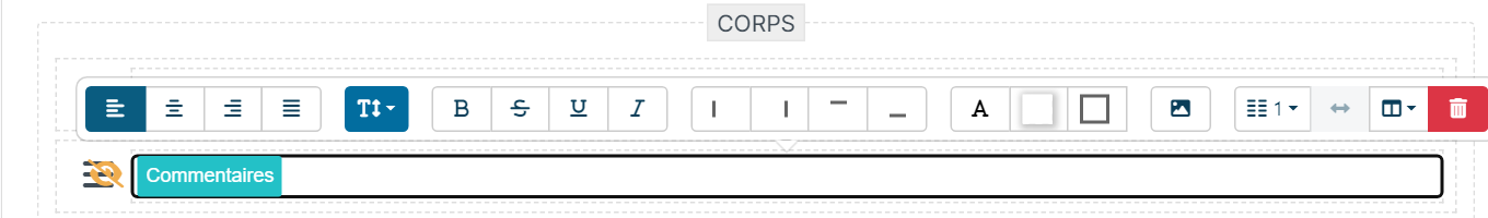 Row toolbar: alignment, size, styles, borders, colours, image, columns and delete