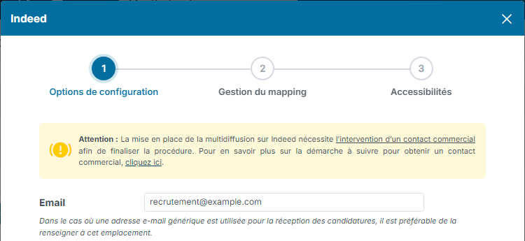 Indeed configuration: warning about the sales contact