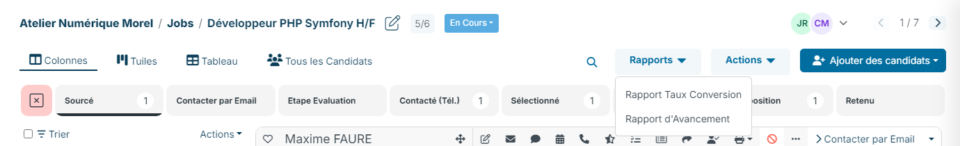Menu Rapports d'un job