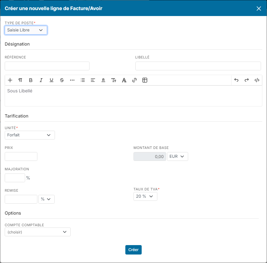 Window to create a new invoice or credit note line