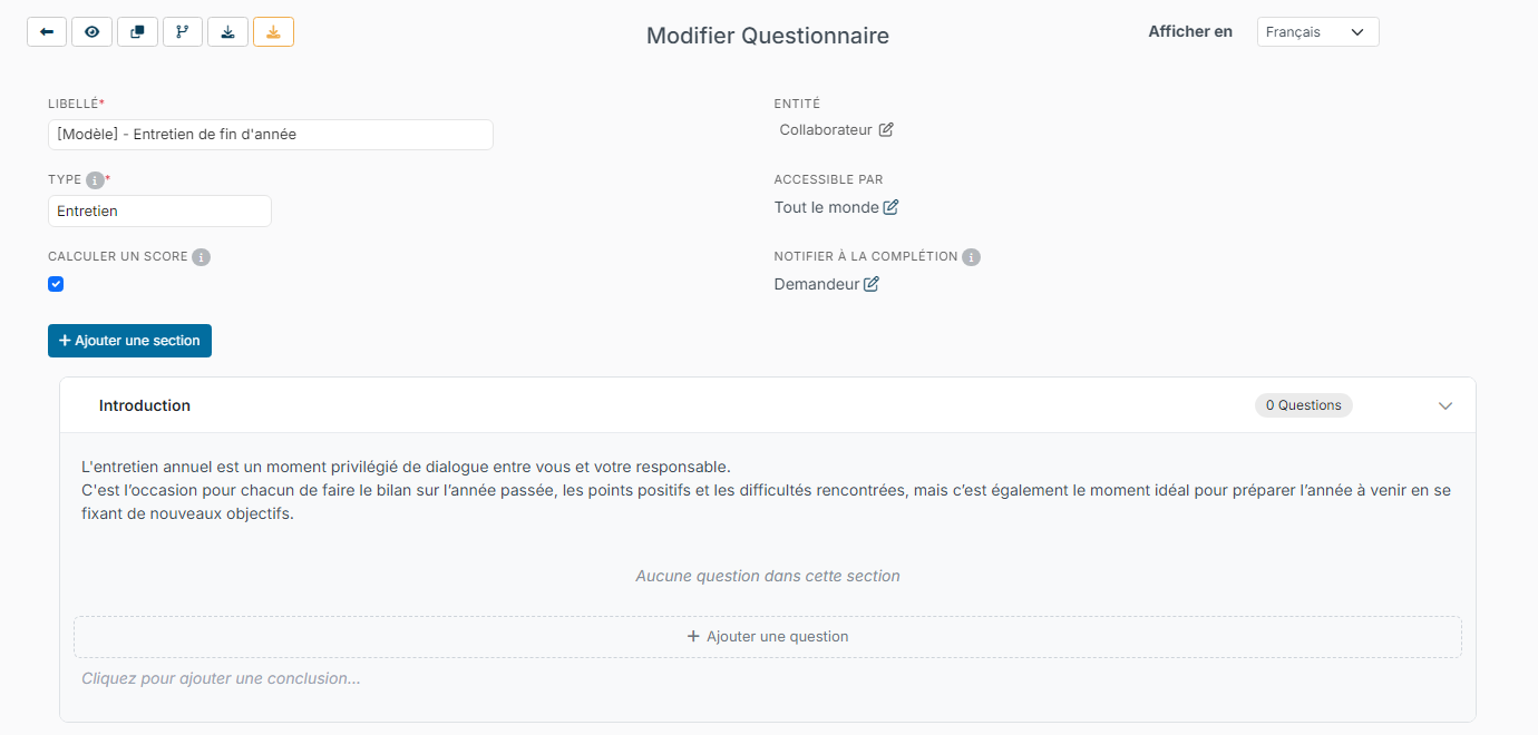 Écran Modifier Questionnaire, avec les boutons en haut à gauche et la première section