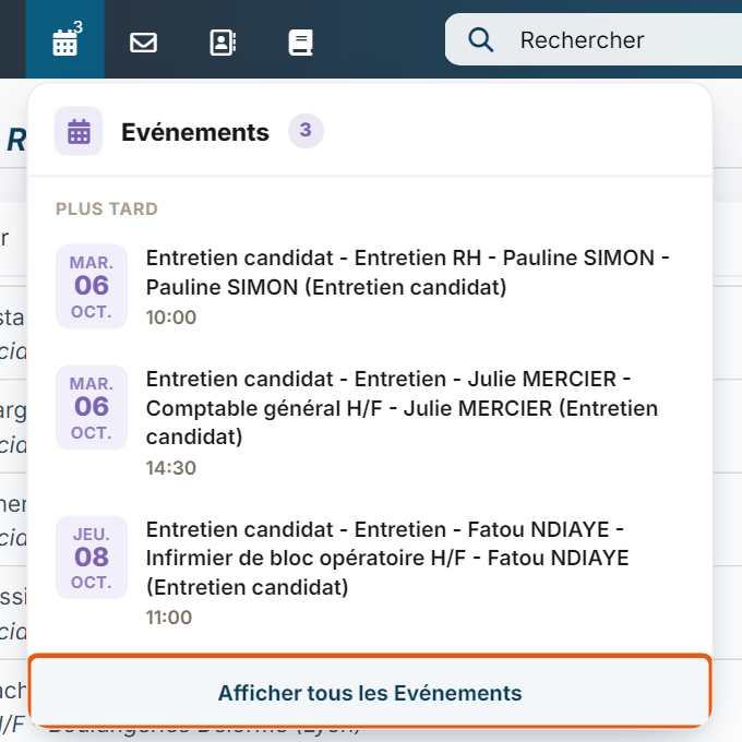 Menu de l'icône calendrier avec le lien Afficher tous les Evénements