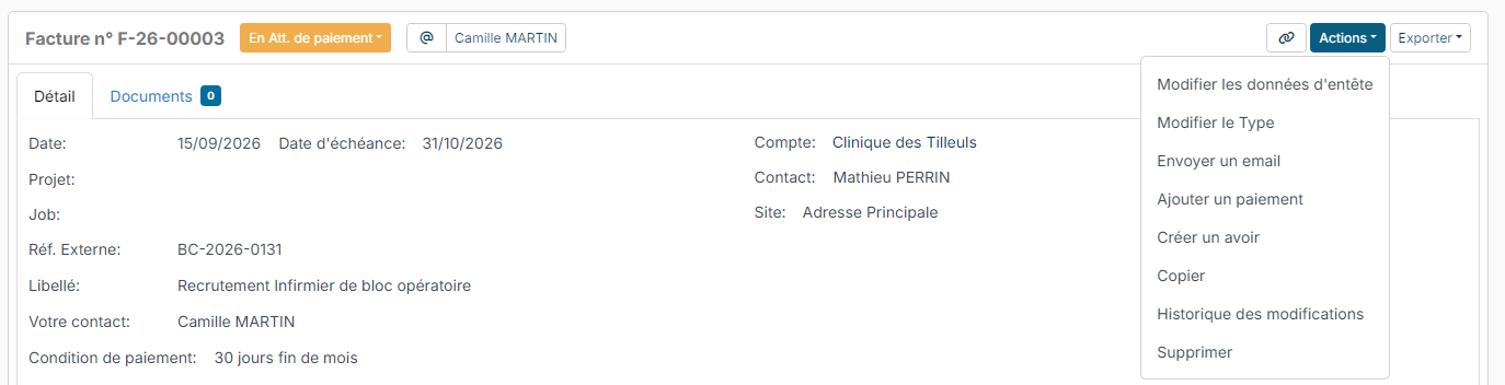 Actions menu of an invoice with the Add a payment entry