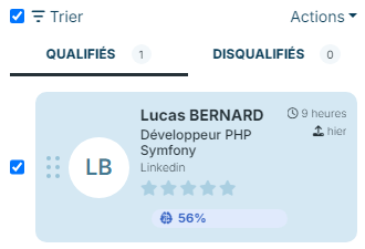 Carte d'un candidat dans une étape avec son score de matching de 56 %
