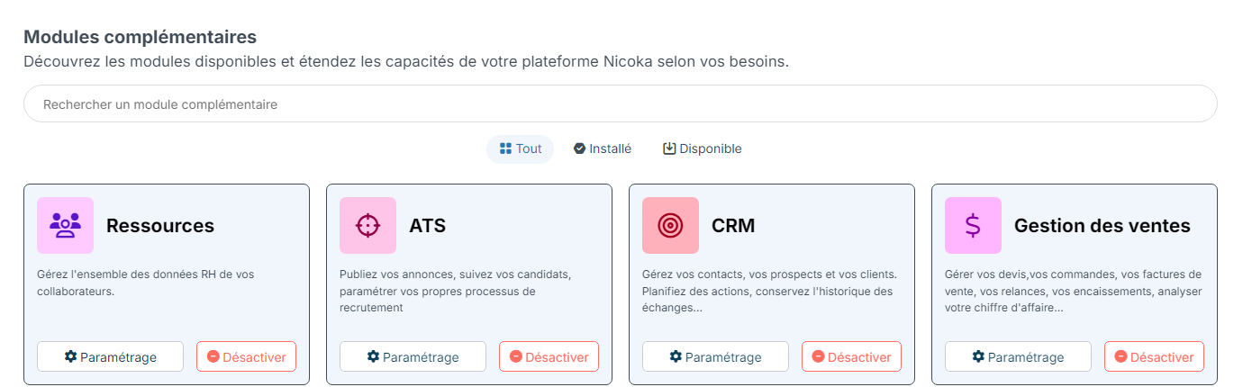 Page Modules complémentaires avec la carte ATS et son bouton Paramétrage