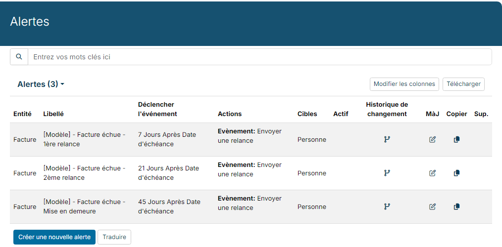 Sales reminders list with the three reminder models