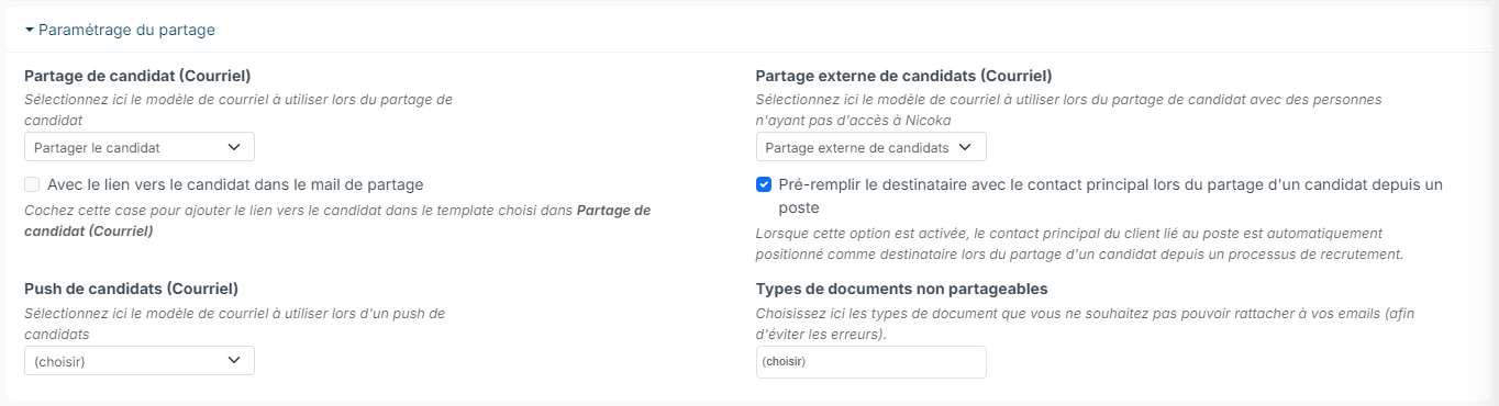 Section Paramétrage du partage des points de paramétrage de l'ATS