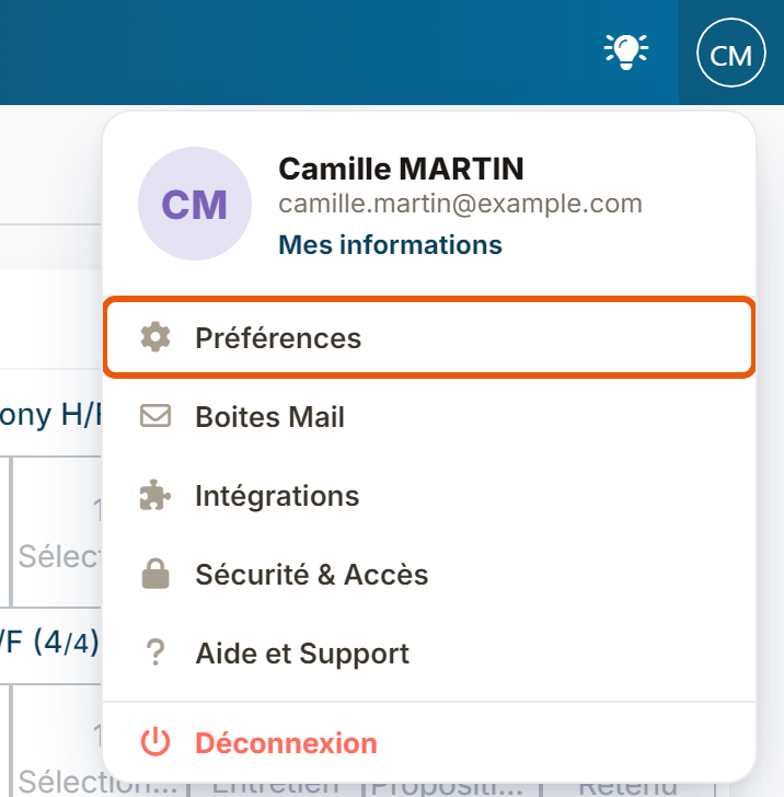 Initials menu with the Preferences entry