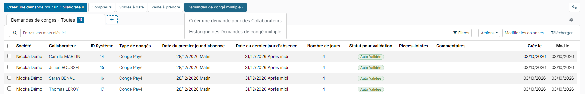 Mon Equipe, Congés - Demandes : menu Demandes de congé multiple ouvert