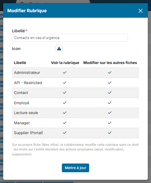 Fenêtre Modifier Rubrique : cases Voir la rubrique et Modifier sur les autres fiches par profil