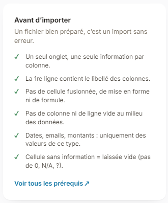 Before importing box of the import assistant, with the link to see all requirements