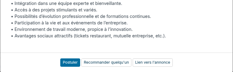 Bas de la fenêtre d'une offre avec les boutons Postuler, Recommander quelqu'un et Lien vers l'annonce