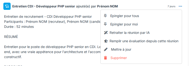 Menu d'un compte rendu de réunion avec l'action Remplir une évaluation depuis cette réunion