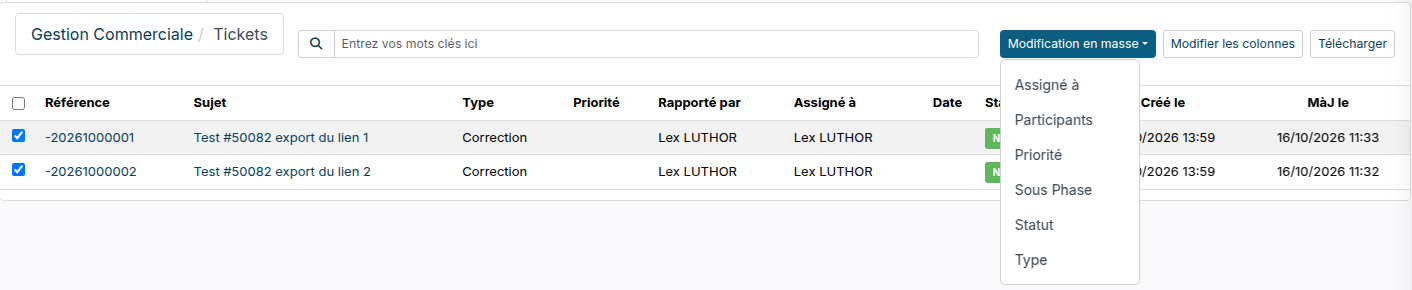 Onglet Tickets d'un projet : deux tickets cochés et le menu Modification en masse ouvert