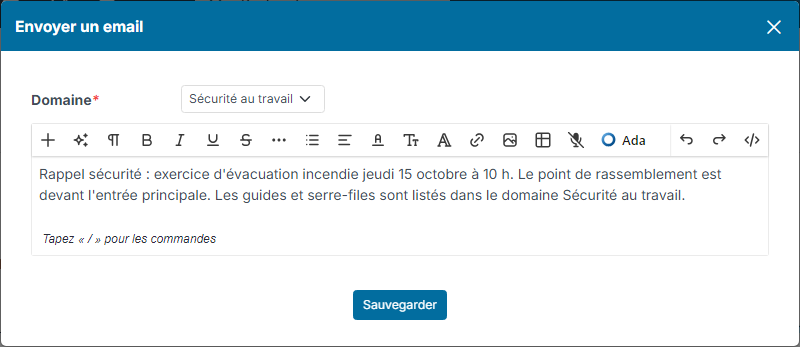 Fenêtre de publication d'une note dans le domaine Sécurité au travail