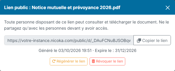Public link window: address to copy, generation date, expiry date, Regenerate the link and Revoke the link buttons