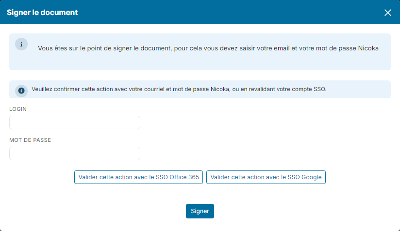 Sign Document window: confirmation with the Nicoka login and password or with SSO